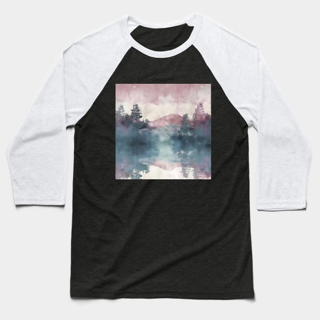 Pastel Colors Painting Of Mountain Trees With Purple Clouds Baseball T-Shirt by The Art Mage